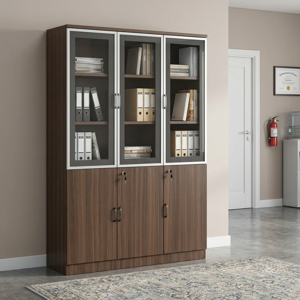 Prestige Secure Storage Cabinet Featuring A Wood-Grain Engineered Wood Frame, Tempered Glass Display Doors, Lockable Lower Cabinets, Spacious Shelving, And Modern Black Metal Handles For Professional Office Storage.