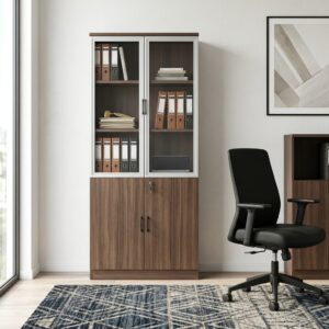Secure Office Filing Cabinet with engineered wood construction, tempered glass display doors, fixed internal shelves, lockable lower storage cabinet, metal handles, and a contemporary wood-grain finish measuring 200 cm × 80 cm × 40 cm.