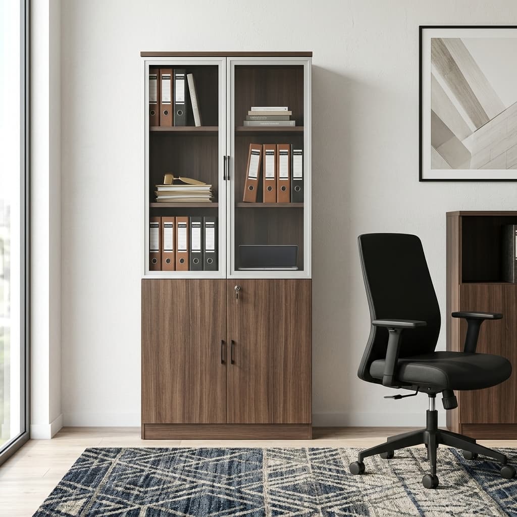Secure Office Filing Cabinet With Engineered Wood Construction, Tempered Glass Display Doors, Fixed Internal Shelves, Lockable Lower Storage Cabinet, Metal Handles, And A Contemporary Wood-Grain Finish Measuring 200 Cm × 80 Cm × 40 Cm.