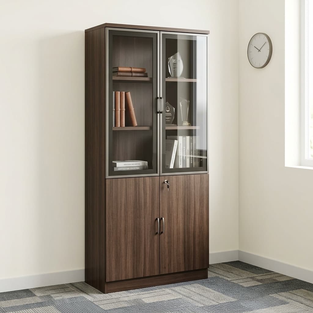 Secure Office Filing Cabinet With Engineered Wood Construction, Tempered Glass Display Doors, Fixed Internal Shelves, Lockable Lower Storage Cabinet, Metal Handles, And A Contemporary Wood-Grain Finish Measuring 200 Cm × 80 Cm × 40 Cm.
