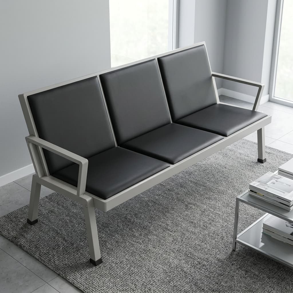 Comfort Pro Reception Bench With A Powder-Coated Steel Frame, Three Padded Synthetic Leather Seats, Ergonomic Backrests, Reinforced Metal Armrests, And A Contemporary Design For Professional Reception And Waiting Areas.