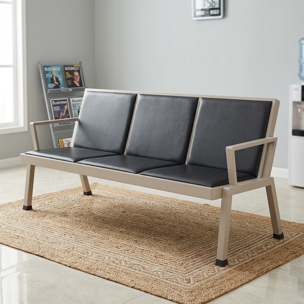 Comfort Pro Reception Bench With A Powder-Coated Steel Frame, Three Padded Synthetic Leather Seats, Ergonomic Backrests, Reinforced Metal Armrests, And A Contemporary Design For Professional Reception And Waiting Areas.