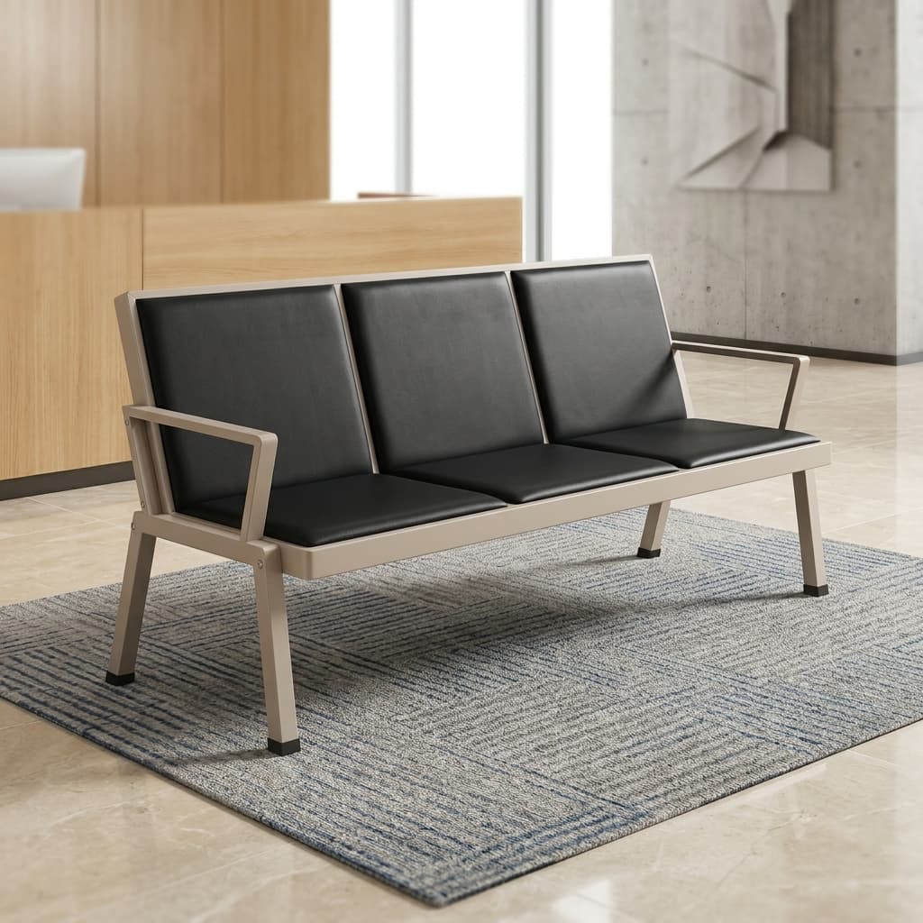 Comfort Pro Reception Bench With A Powder-Coated Steel Frame, Three Padded Synthetic Leather Seats, Ergonomic Backrests, Reinforced Metal Armrests, And A Contemporary Design For Professional Reception And Waiting Areas.