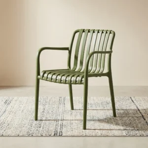 Standard Dining Armchair with durable olive-green polypropylene construction, ergonomic slatted backrest and seat, integrated armrests, sturdy four-leg frame, and contemporary design for indoor and outdoor dining spaces.