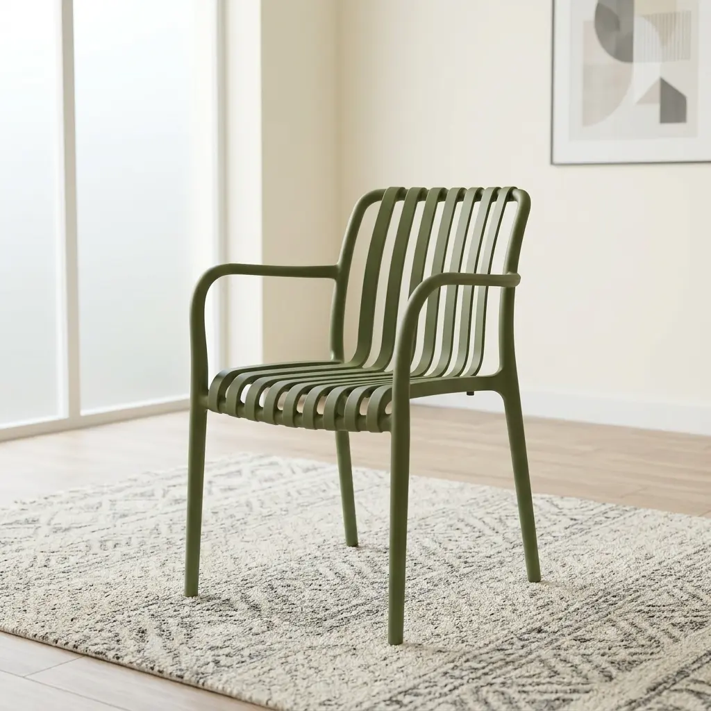 Standard Dining Armchair With Durable Olive-Green Polypropylene Construction, Ergonomic Slatted Backrest And Seat, Integrated Armrests, Sturdy Four-Leg Frame, And Contemporary Design For Indoor And Outdoor Dining Spaces.