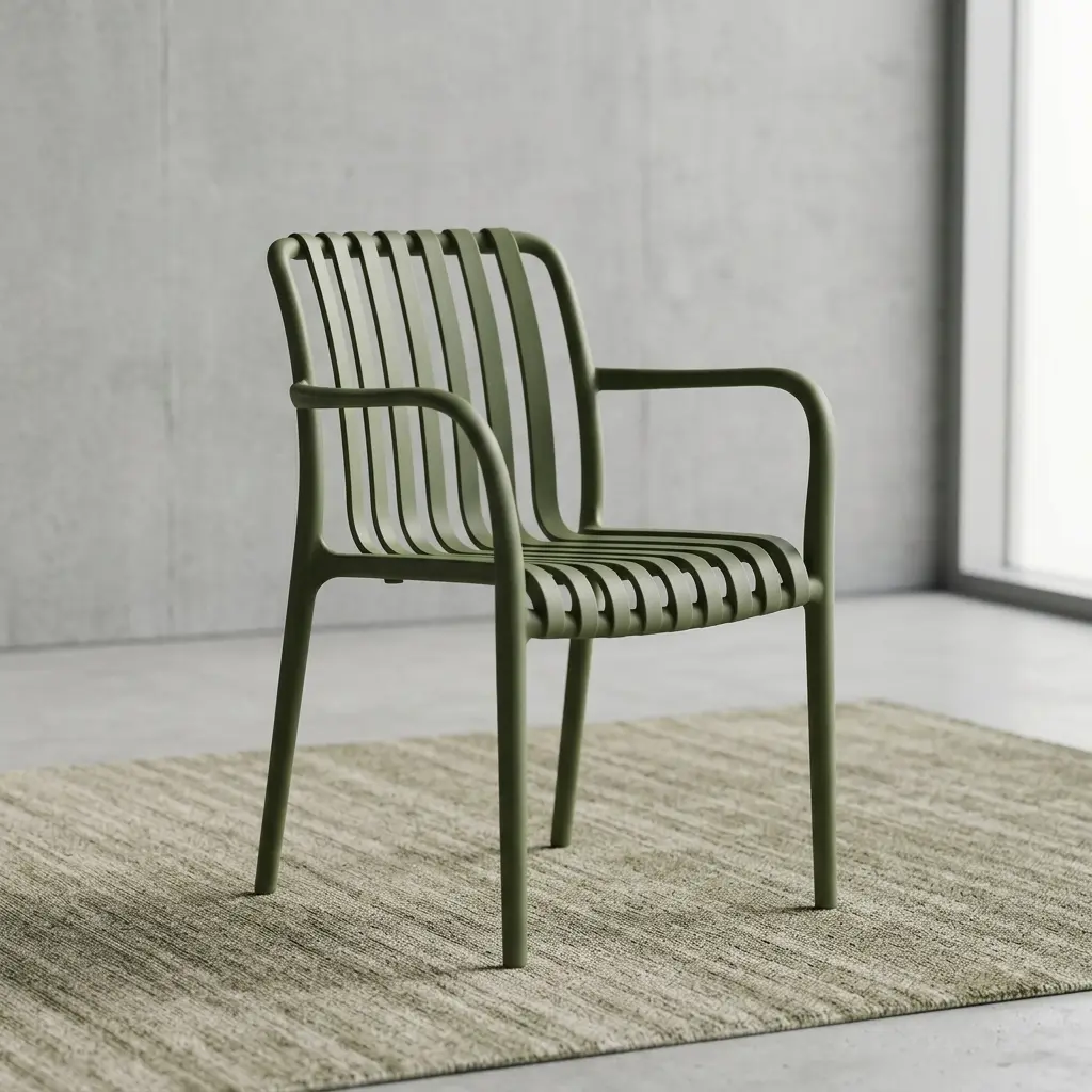 Standard Dining Armchair With Durable Olive-Green Polypropylene Construction, Ergonomic Slatted Backrest And Seat, Integrated Armrests, Sturdy Four-Leg Frame, And Contemporary Design For Indoor And Outdoor Dining Spaces.