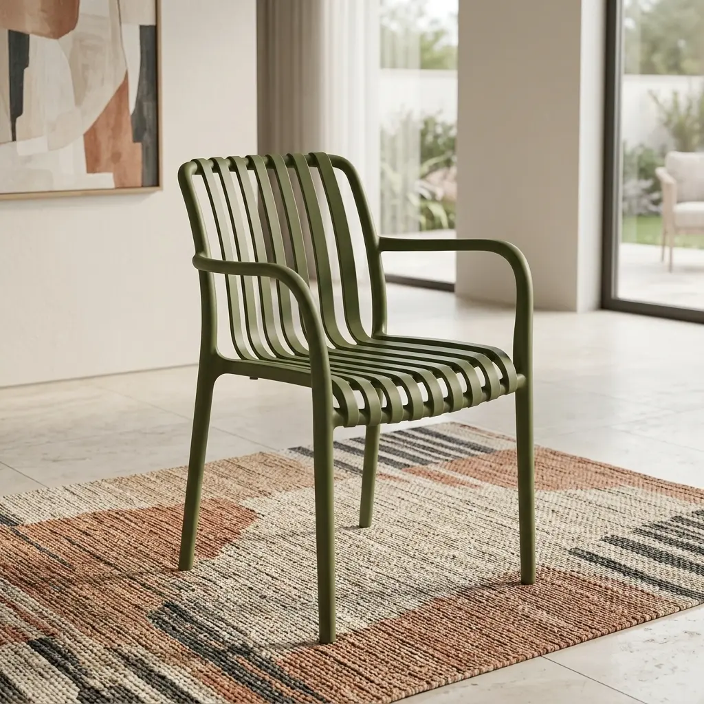 Standard Dining Armchair With Durable Olive-Green Polypropylene Construction, Ergonomic Slatted Backrest And Seat, Integrated Armrests, Sturdy Four-Leg Frame, And Contemporary Design For Indoor And Outdoor Dining Spaces.