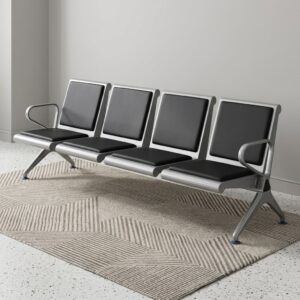 4-Seater Waiting Bench with four black padded seats, individual cushioned backrests, silver metal frames, curved end armrests, shared support beam, and reinforced metal legs.