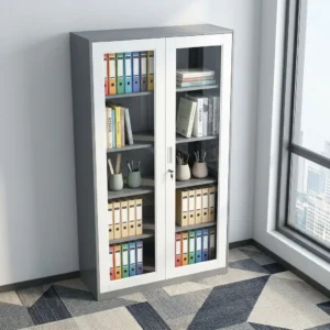 Industrial Glass Door Filing Cabinet with gray and white metal construction, two tall glass-front doors, central key lock, recessed handles, and multiple full-width internal storage shelves.