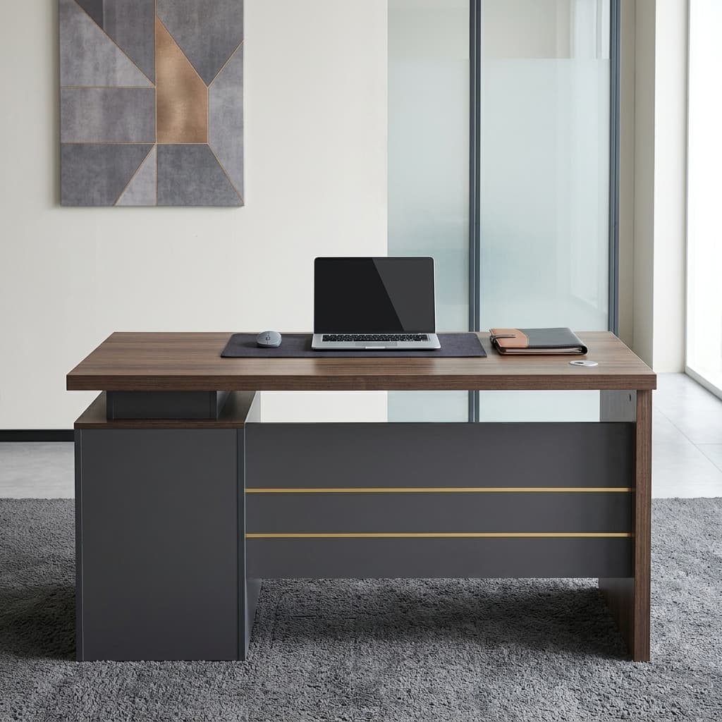 Executive Walnut Slate Desk With 1.4M Walnut Wood-Grain Desktop, Slate-Grey Side Storage Panel, Full Front Modesty Panel, And Horizontal Metallic Accent Strips.