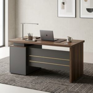 Executive Walnut Slate Desk with 1.4m walnut wood-grain desktop, slate-grey side storage panel, full front modesty panel, and horizontal metallic accent strips.