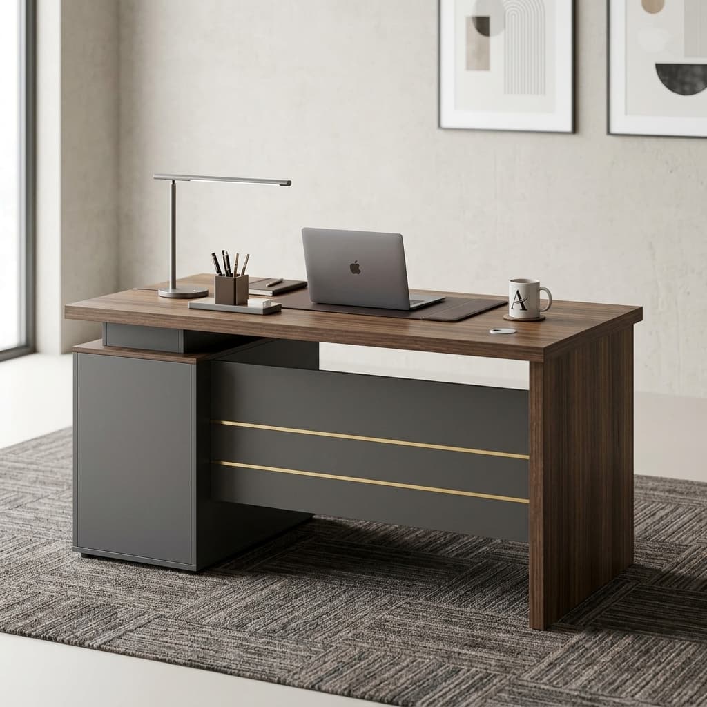Executive Walnut Slate Desk With 1.4M Walnut Wood-Grain Desktop, Slate-Grey Side Storage Panel, Full Front Modesty Panel, And Horizontal Metallic Accent Strips.