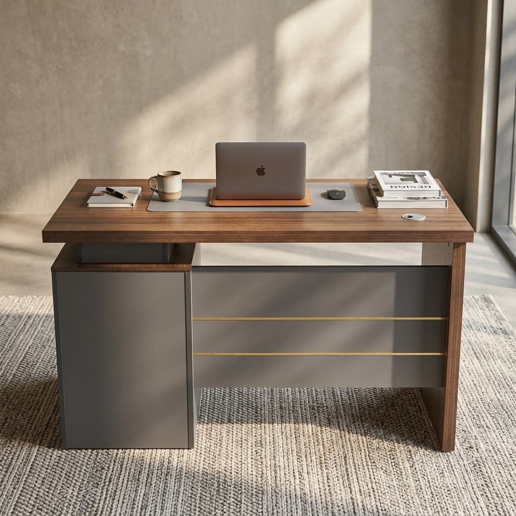 Executive Walnut Slate Desk With 1.4M Walnut Wood-Grain Desktop, Slate-Grey Side Storage Panel, Full Front Modesty Panel, And Horizontal Metallic Accent Strips.