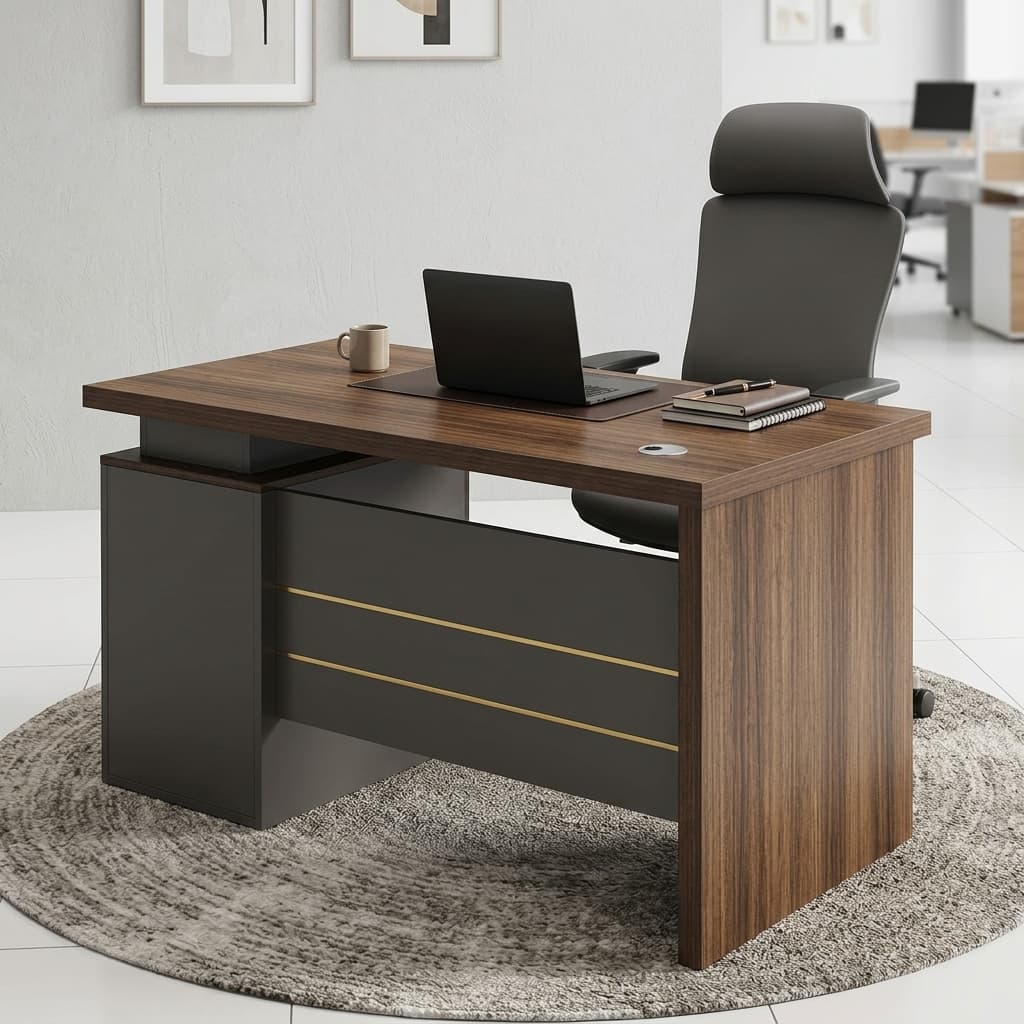 Executive Walnut Slate Desk With 1.4M Walnut Wood-Grain Desktop, Slate-Grey Side Storage Panel, Full Front Modesty Panel, And Horizontal Metallic Accent Strips.