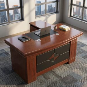 1400mm Executive Office Desk with dark wood-finish rectangular desktop, geometric front modesty panel, three-drawer mobile pedestal, matching side storage unit, and sturdy wooden panel supports.