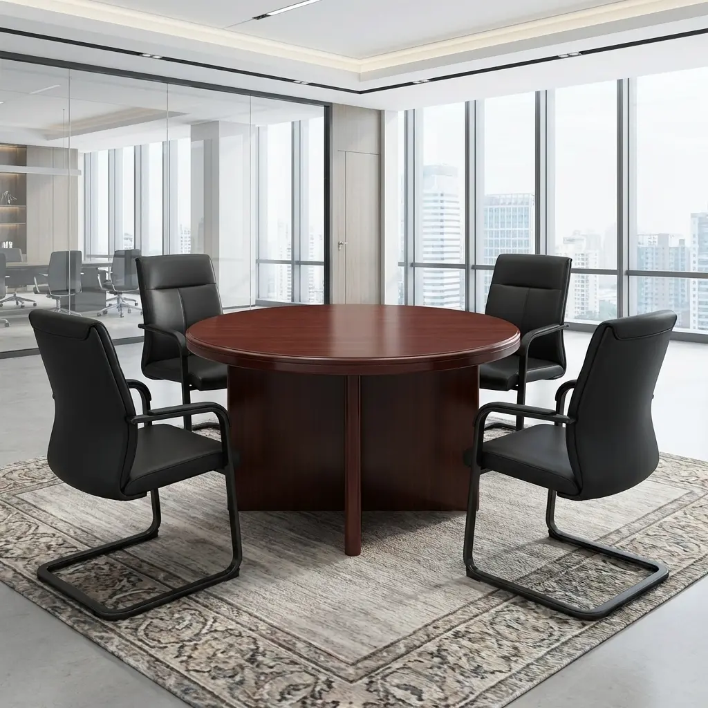 Mahogany Round Conference Table With Executive Visitor Chairs For Professional Office Boardrooms And Meeting Rooms