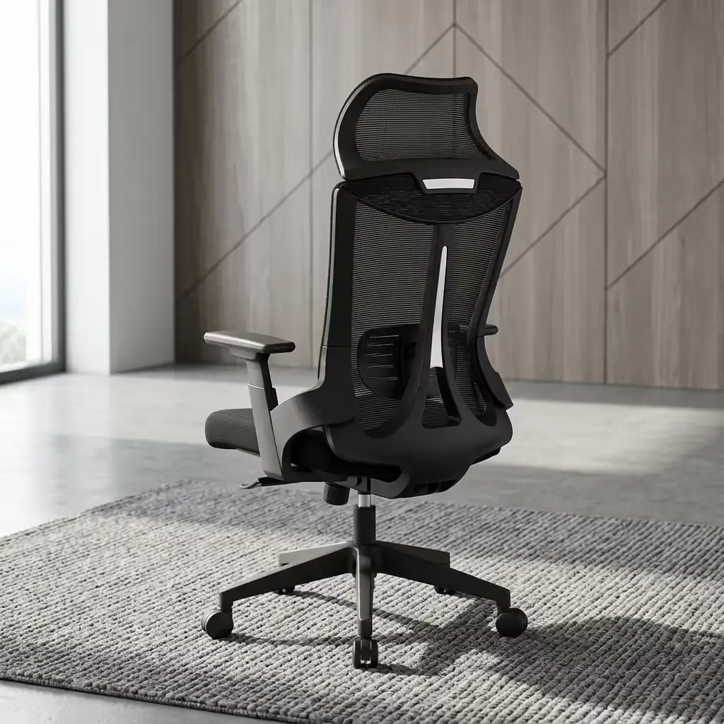 All-Black High-Back Adaptive Ergonomic Office Chair Featuring A Mesh Backrest, Wide Headrest, And Adjustable Sliding Armrests Over A Five-Star Wheeled Base.