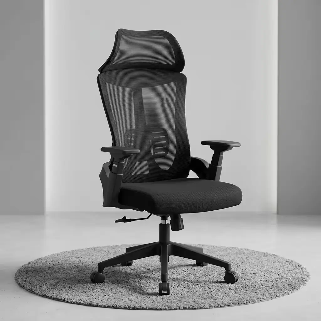 All-Black High-Back Adaptive Ergonomic Office Chair Featuring A Mesh Backrest, Wide Headrest, And Adjustable Sliding Armrests Over A Five-Star Wheeled Base.