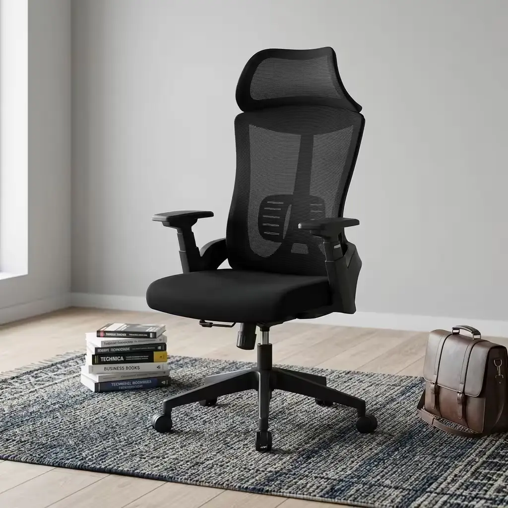 All-Black High-Back Adaptive Ergonomic Office Chair Featuring A Mesh Backrest, Wide Headrest, And Adjustable Sliding Armrests Over A Five-Star Wheeled Base.