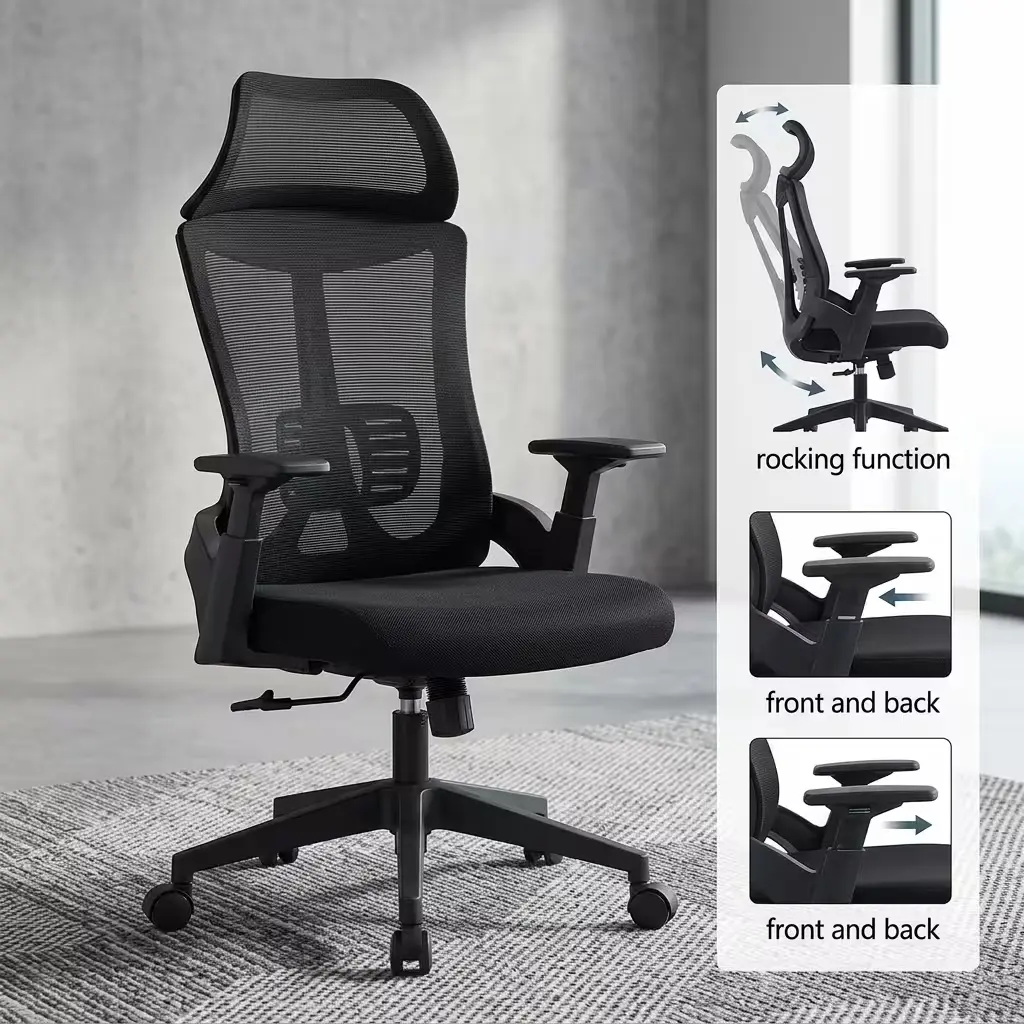 All-Black High-Back Adaptive Ergonomic Office Chair Featuring A Mesh Backrest, Wide Headrest, And Adjustable Sliding Armrests Over A Five-Star Wheeled Base.