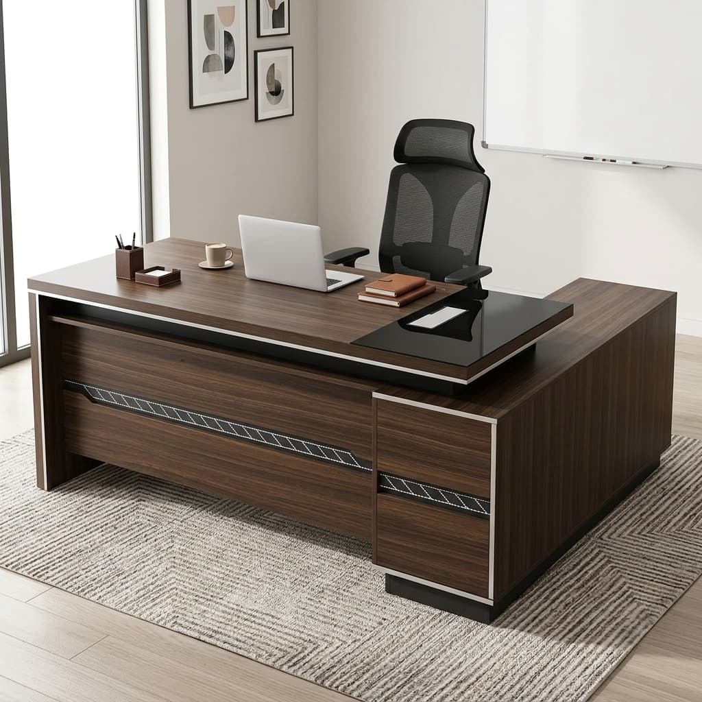 Prestige Executive Office Desk Showing A 1.8-Meter L-Shaped Wooden Executive Workstation With Dark Wood Grain Veneer, Charcoal Gray Side Credenza, And A Black Desk Blotter Inlay In A High-Rise Office.