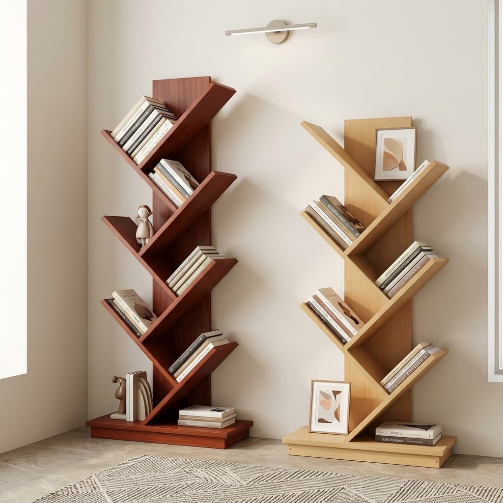 Rustic Brown 8-Tier Vertical Tree Bookshelf With Geometric Branch-Style Angled Shelves Holding Books In A Sunlit Living Room Corner.