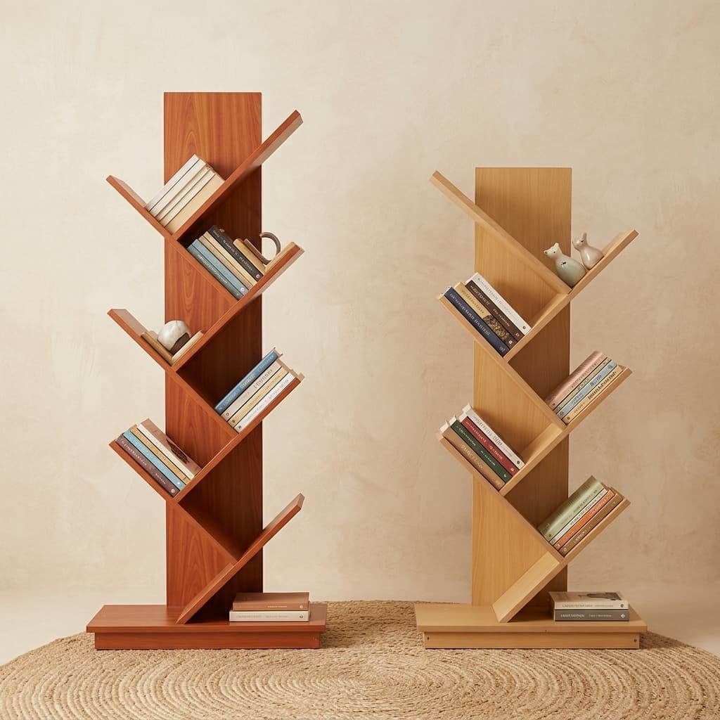 Rustic Brown 8-Tier Vertical Tree Bookshelf With Geometric Branch-Style Angled Shelves Holding Books In A Sunlit Living Room Corner.