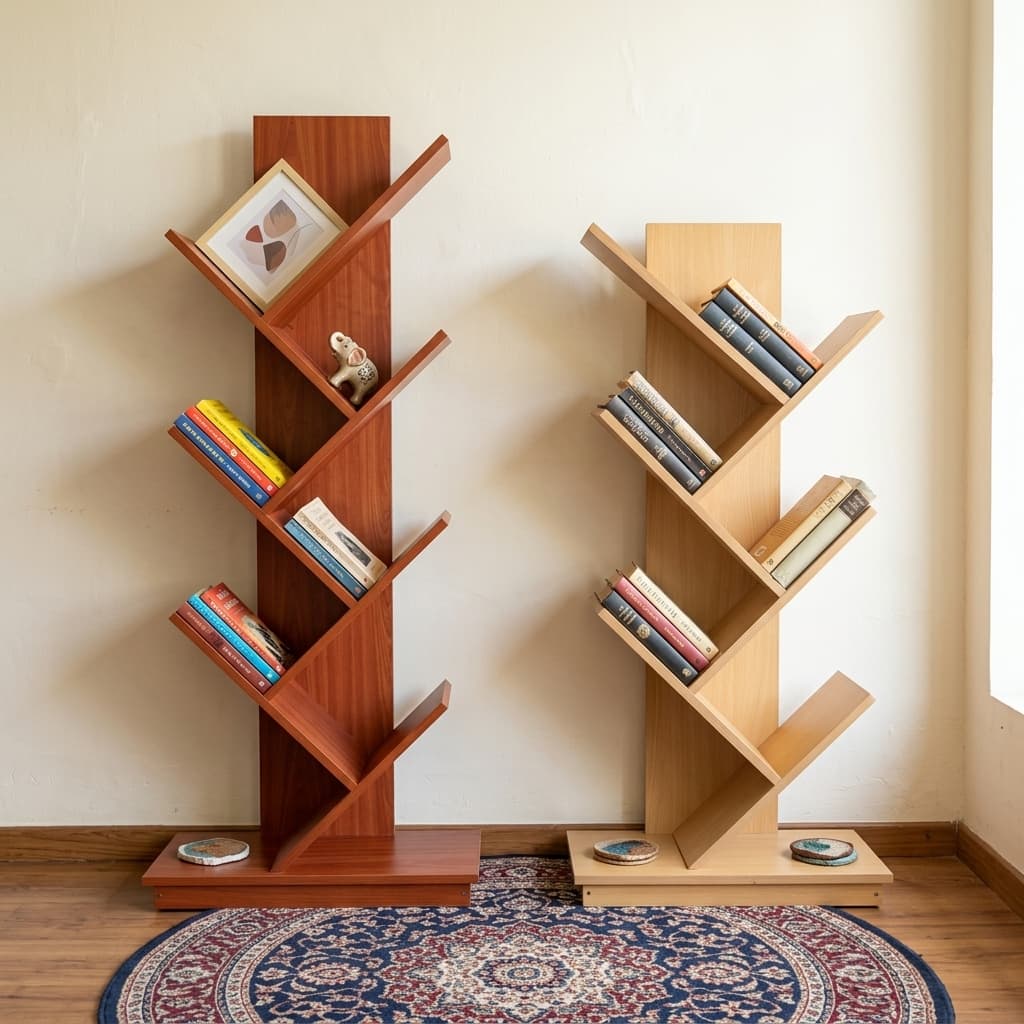 Rustic Brown 8-Tier Vertical Tree Bookshelf With Geometric Branch-Style Angled Shelves Holding Books In A Sunlit Living Room Corner.