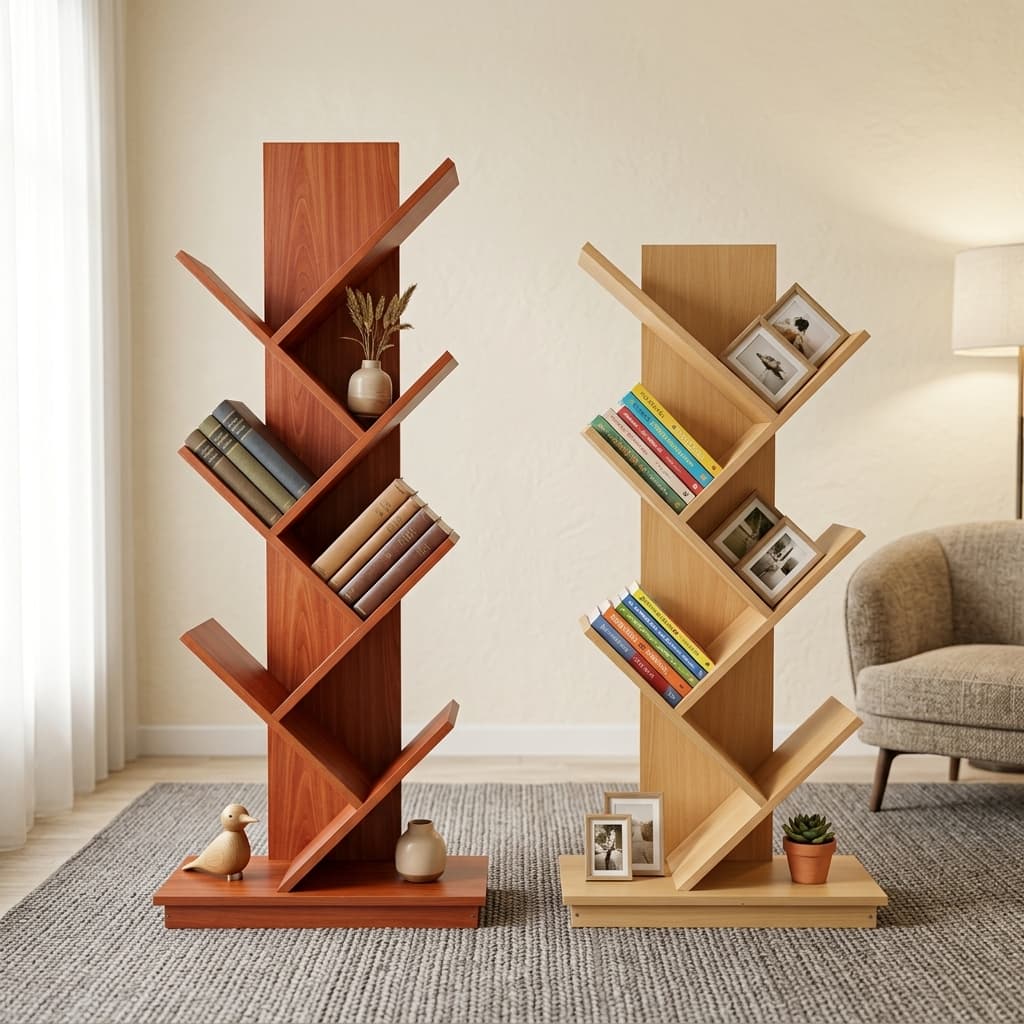 Rustic Brown 8-Tier Vertical Tree Bookshelf With Geometric Branch-Style Angled Shelves Holding Books In A Sunlit Living Room Corner.