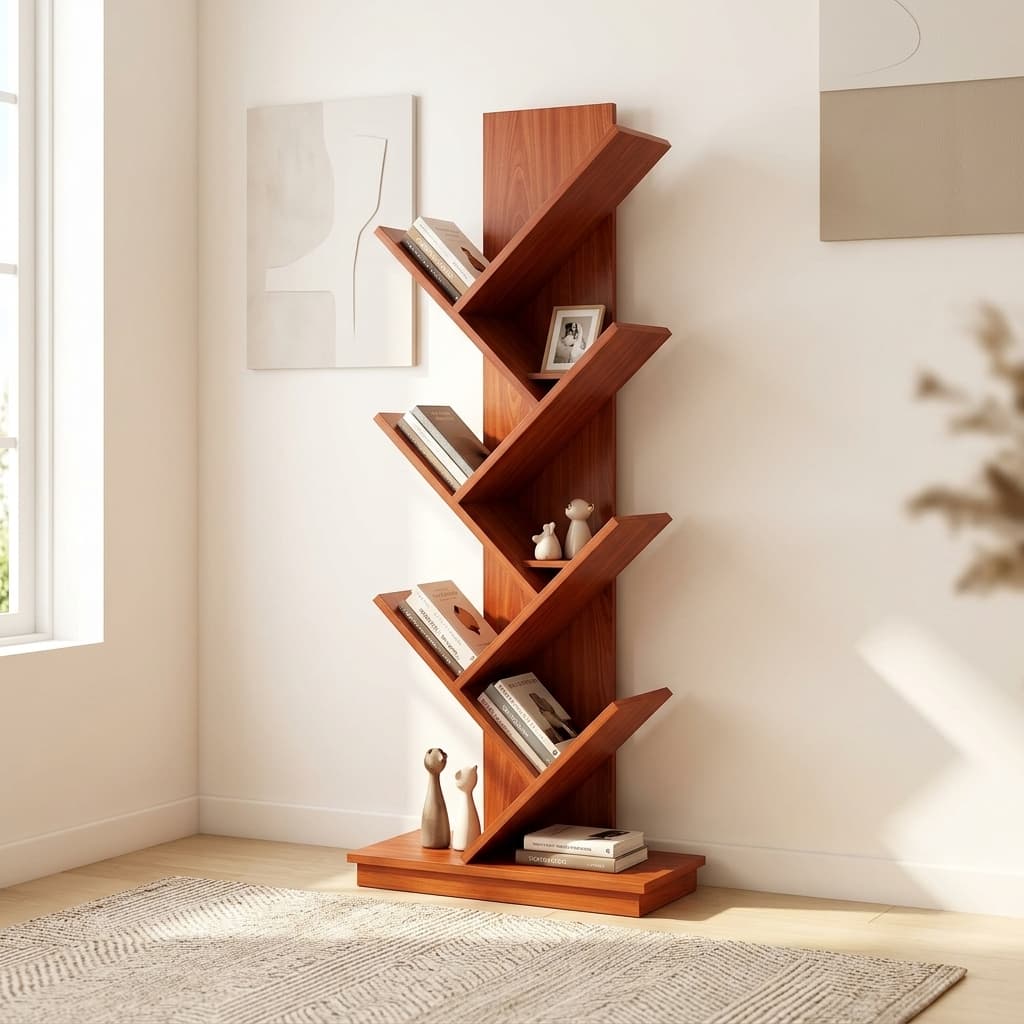 Rustic Brown 8-Tier Vertical Tree Bookshelf With Geometric Branch-Style Angled Shelves Holding Books In A Sunlit Living Room Corner.
