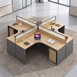 4-Person L-Shaped Office Workstation with privacy partitions, spacious desks, and mobile pedestal drawers for shared office spaces