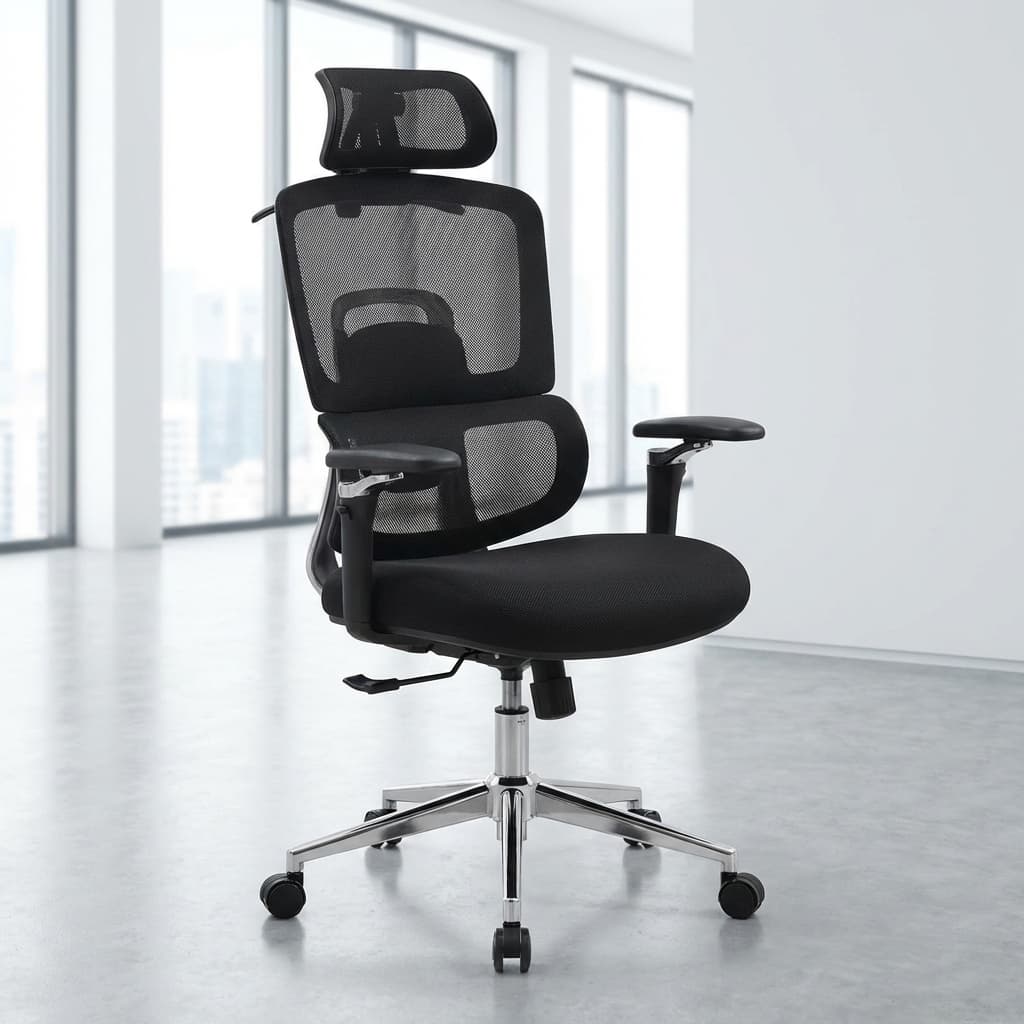 Matte Black Advanced Ergonomic Office Chair Showcasing A High-Back Mesh Structure, Adjustable Headrest, And A Polished Chrome Base.