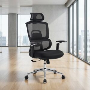 Matte black Advanced Ergonomic Office Chair showcasing a high-back mesh structure, adjustable headrest, and a polished chrome base.