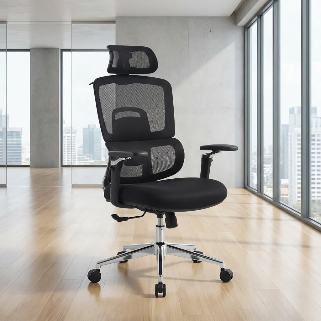 Matte Black Advanced Ergonomic Office Chair Showcasing A High-Back Mesh Structure, Adjustable Headrest, And A Polished Chrome Base.