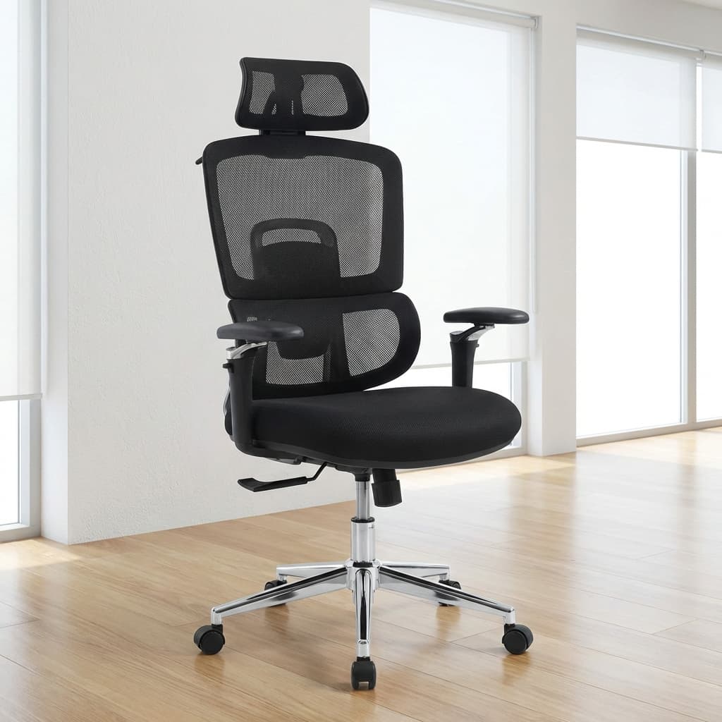 Matte Black Advanced Ergonomic Office Chair Showcasing A High-Back Mesh Structure, Adjustable Headrest, And A Polished Chrome Base.