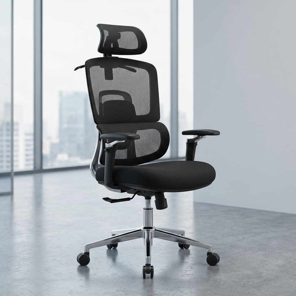 Matte Black Advanced Ergonomic Office Chair Showcasing A High-Back Mesh Structure, Adjustable Headrest, And A Polished Chrome Base.