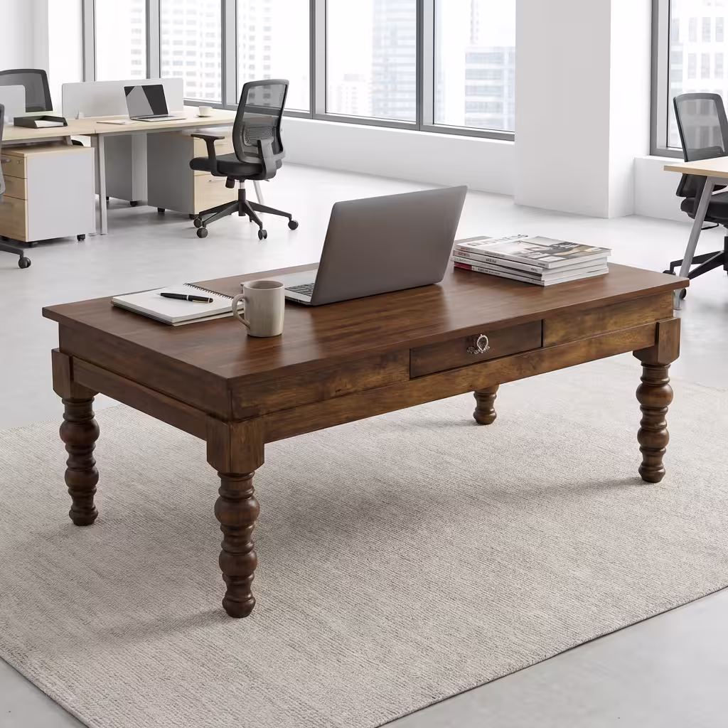 Solid Wood Coffee Table With Drawer And Classic Wooden Finish In A Modern Lounge Setting