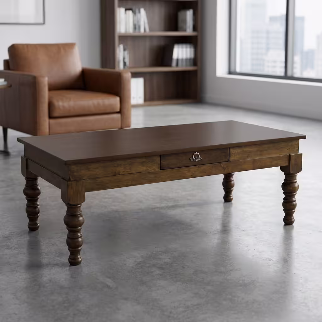 Solid Wood Coffee Table With Drawer And Classic Wooden Finish In A Modern Lounge Setting