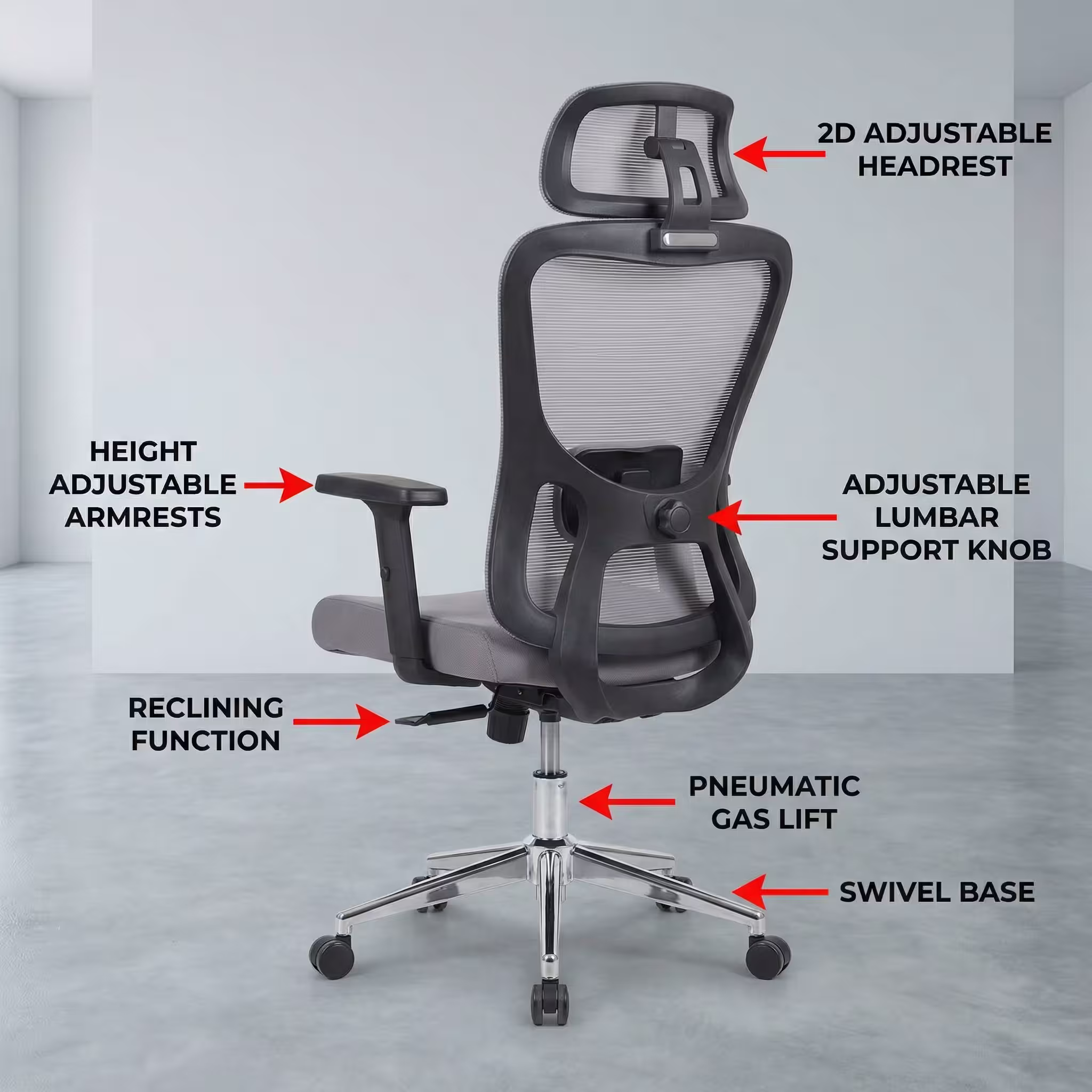 Ergonomic Mesh Office Chair with adjustable headrest, lumbar support, reclining function, and swivel base in a modern office setting