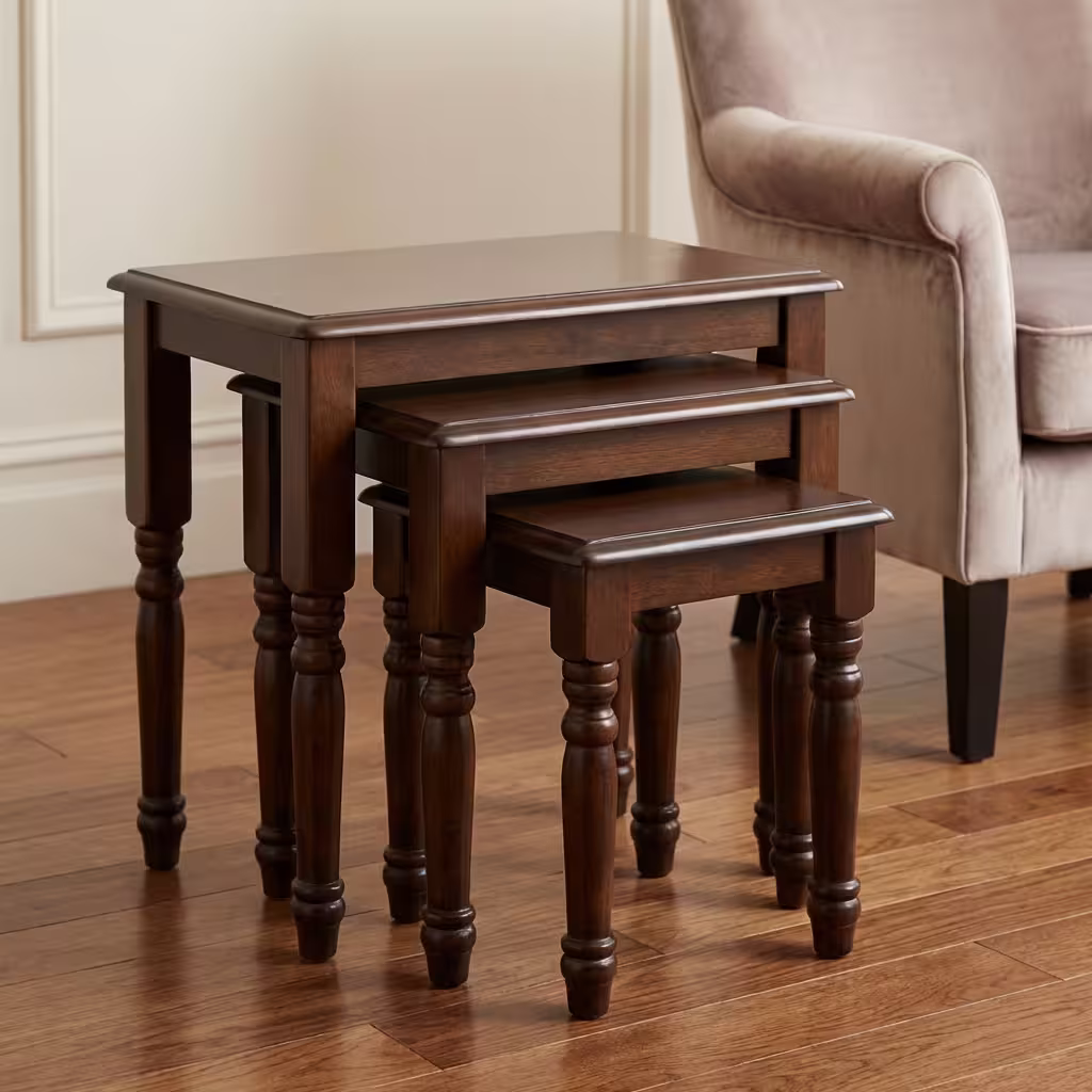 Viro Nest Of Stools Made From Solid Wood With Classic Design And Space-Saving Nesting Structure In A Living Room Setting
