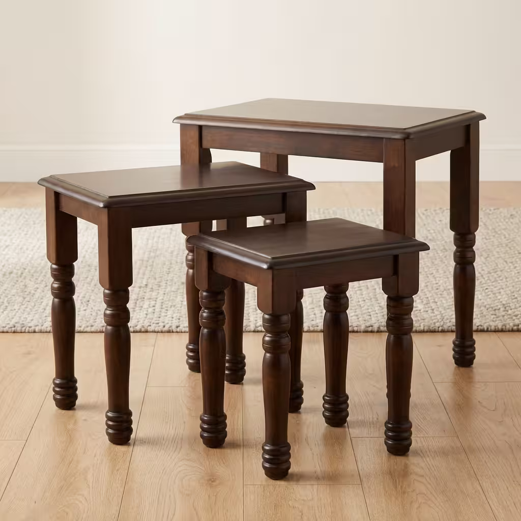 Viro Nest Of Stools Made From Solid Wood With Classic Design And Space-Saving Nesting Structure In A Living Room Setting