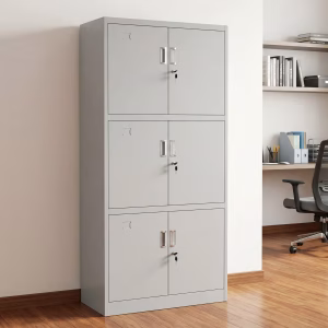 Lockable Steel Storage Cabinet with multiple secure compartments and modern grey finish in a professional office setting