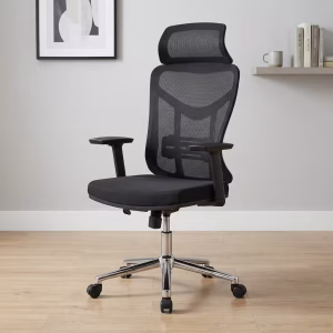 Executive Ergonomic Mesh Office Chair with adjustable headrest, breathable mesh backrest, lumbar support and chrome swivel base in a modern office setting.