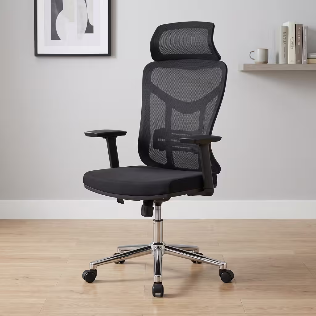 Executive Ergonomic Mesh Office Chair with adjustable headrest, breathable mesh backrest, lumbar support and chrome swivel base in a modern office setting.
