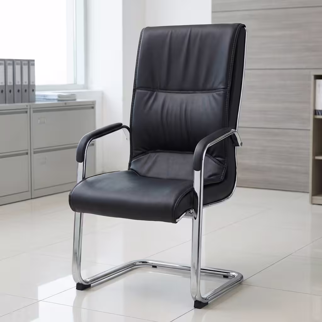 Executive Comfort Guest Chair With High-Back Leather Upholstery And Chrome Sled Base For Boardroom And Office Visitor Seating.