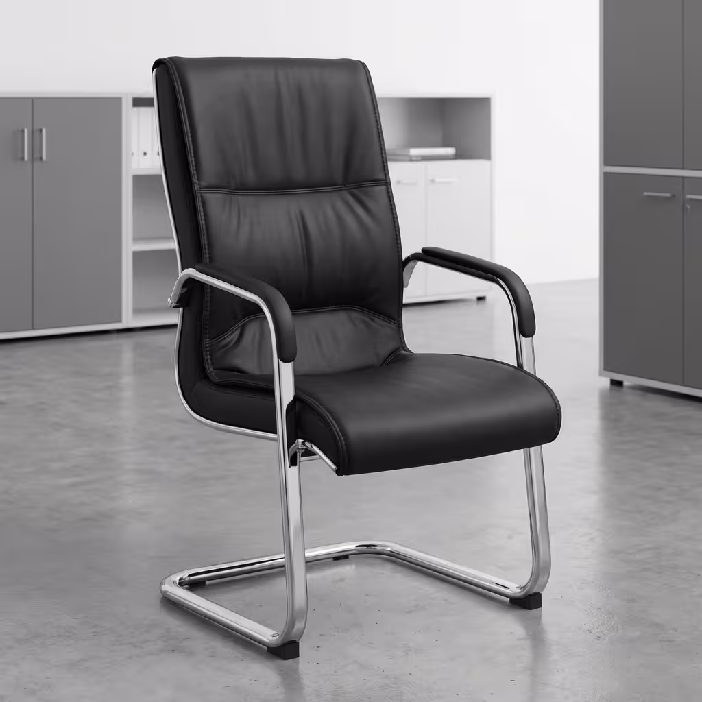 Executive Comfort Guest Chair With High-Back Leather Upholstery And Chrome Sled Base For Boardroom And Office Visitor Seating.