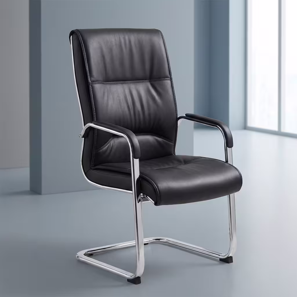 Executive Comfort Guest Chair With High-Back Leather Upholstery And Chrome Sled Base For Boardroom And Office Visitor Seating.