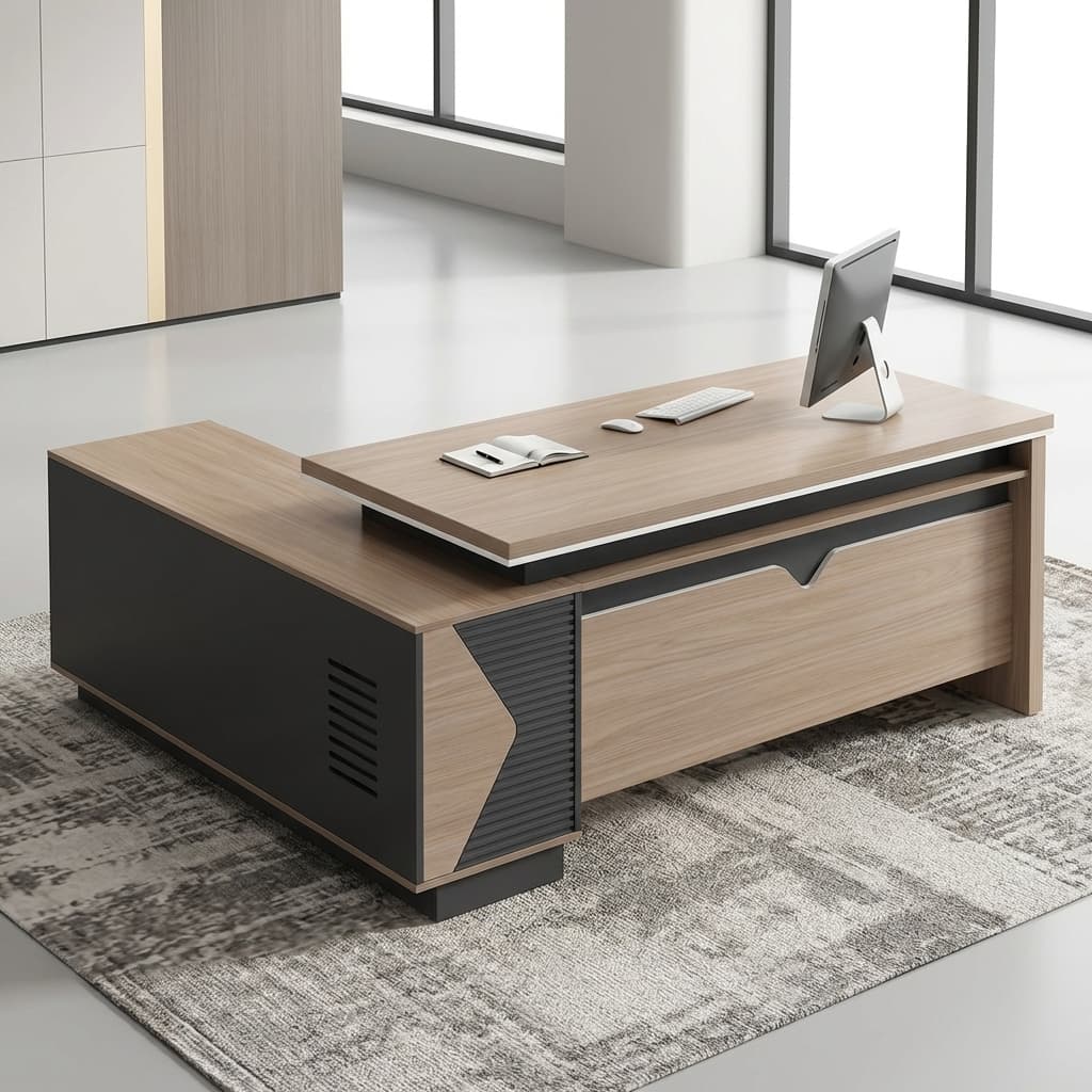 Power 1.8M Executive Desk Featuring An L-Shaped Layout With A Double-Layer Floating Wood Top, Full Modesty Panel, And Dark Gray Side Return Cabinet.