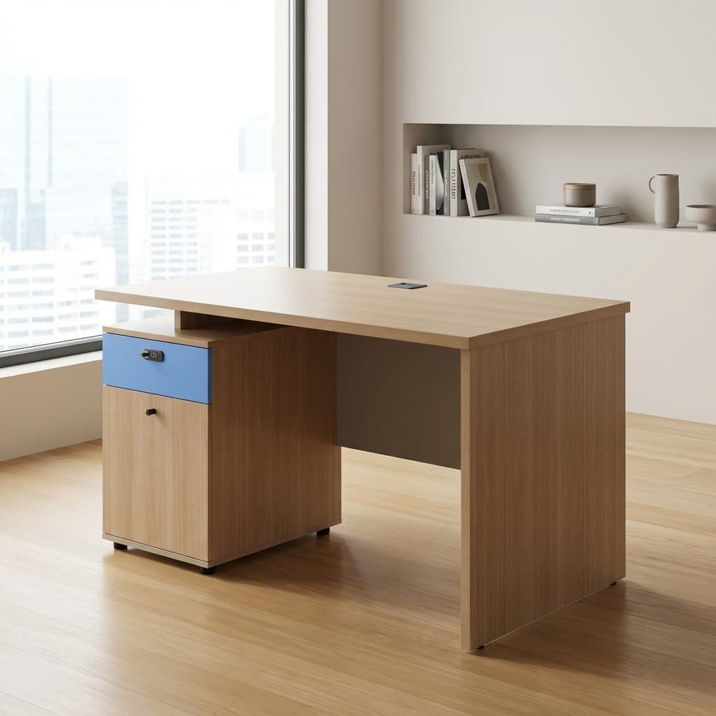 Premium 1.2M Office Desk Featuring A Natural Light Oak Woodgrain Desktop Surface, Crisp White Solid Support Panels, A Built-In Locking Cabinet Drawer, And A Matching Full-Length Modesty Panel.