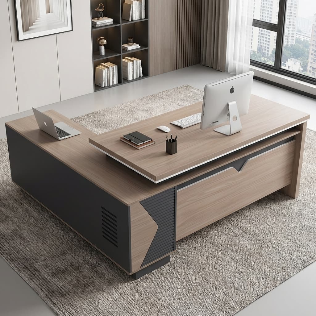 Power 1.8M Executive Desk Featuring An L-Shaped Layout With A Double-Layer Floating Wood Top, Full Modesty Panel, And Dark Gray Side Return Cabinet.